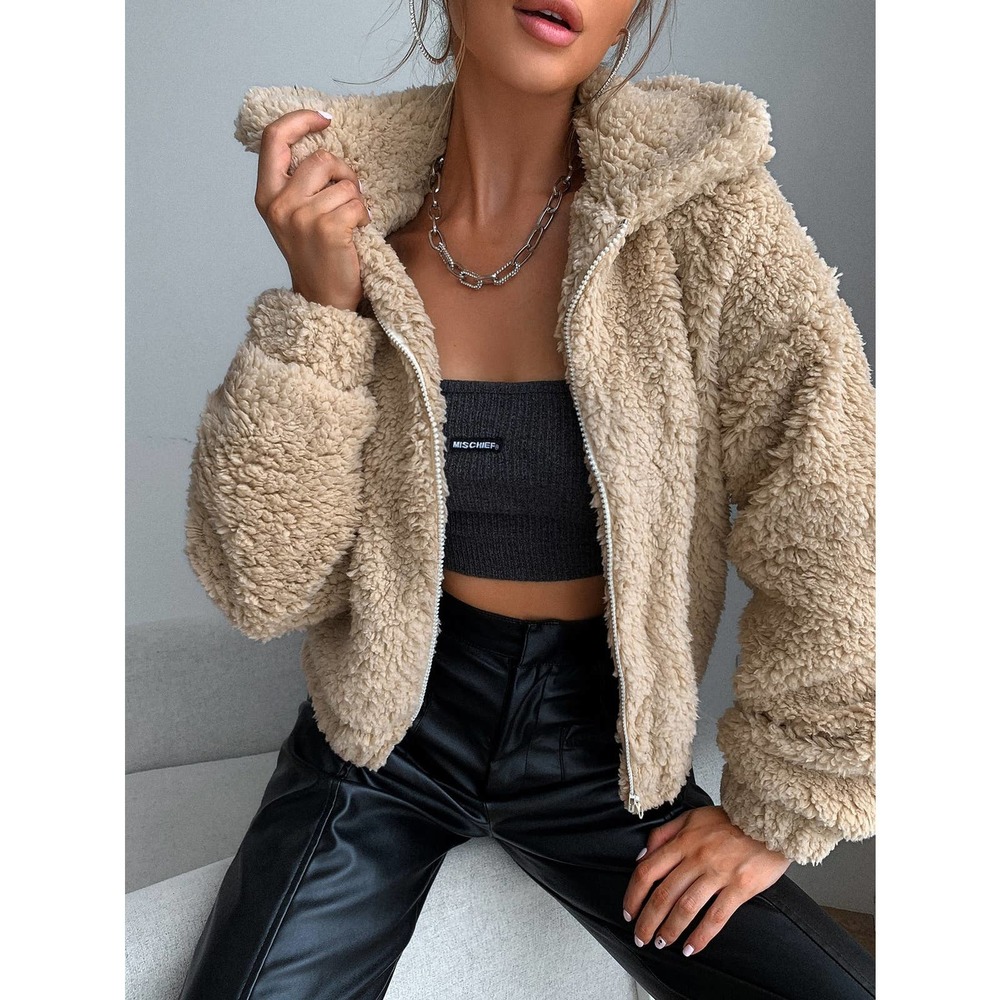 Zip Up Drop Shoulder Fleece faux fur fuzzy teddy Jacket tan camel - Picture 3 of 9
